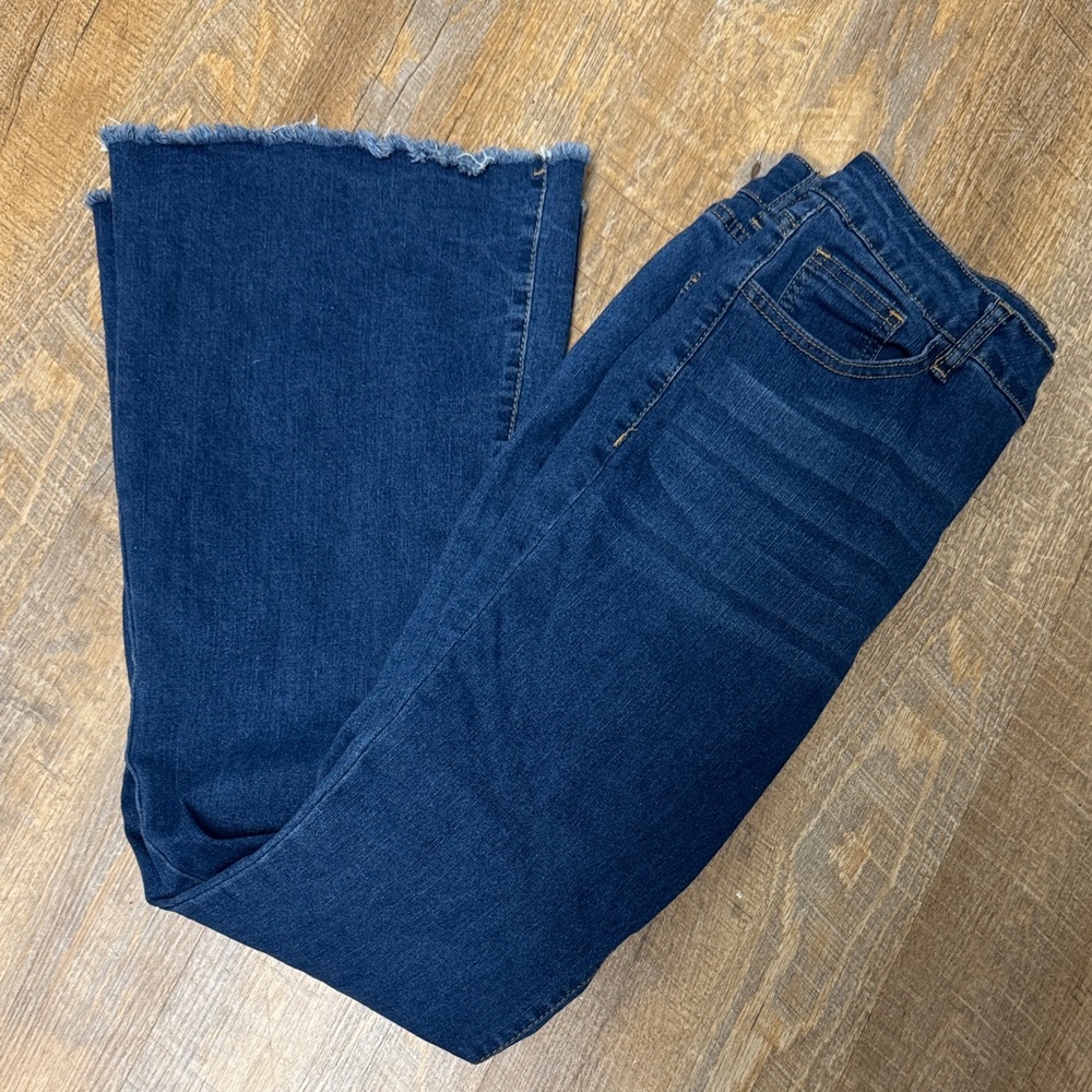 Dark Blue Frayed Hem Flare Jeans